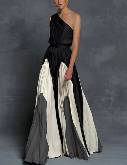 Mia | Mother of the Bride Dress One-Shoulder Color-Block Pleated Maxi Gown 2