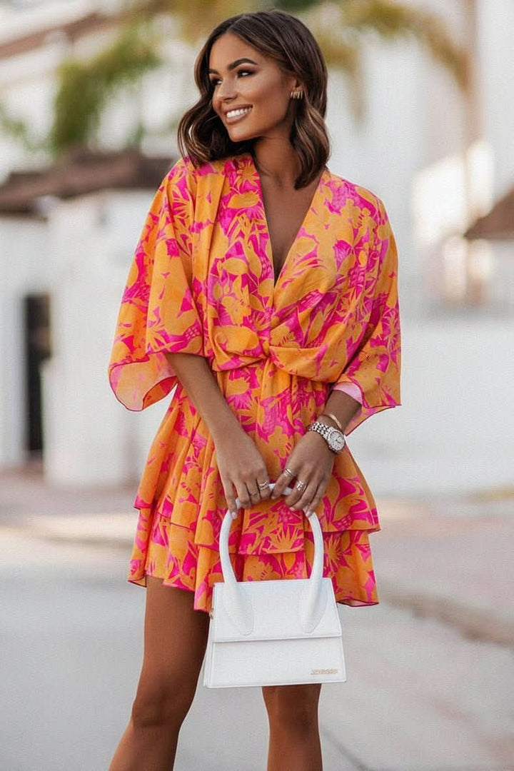 Mia | Women's Boho Tropical-Print Mini Cocktail Dress Tiered Skirt 0