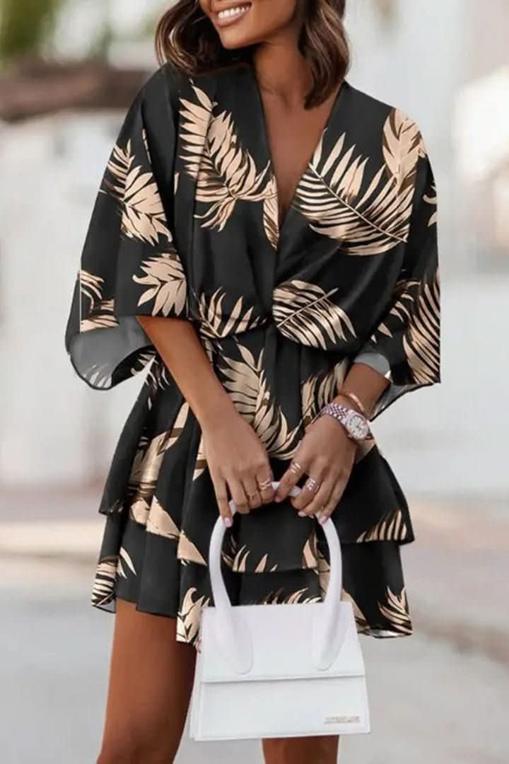 Mia | Women's Boho Tropical-Print Mini Cocktail Dress Tiered Skirt 1