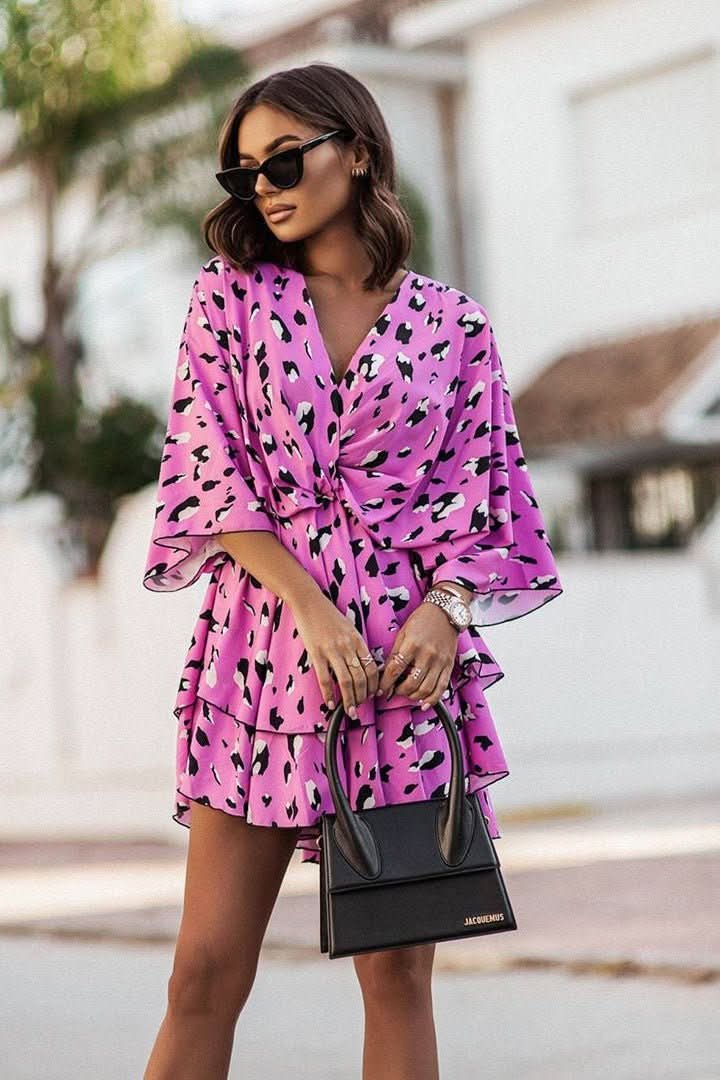 Mia | Women's Boho Tropical-Print Mini Cocktail Dress Tiered Skirt 2