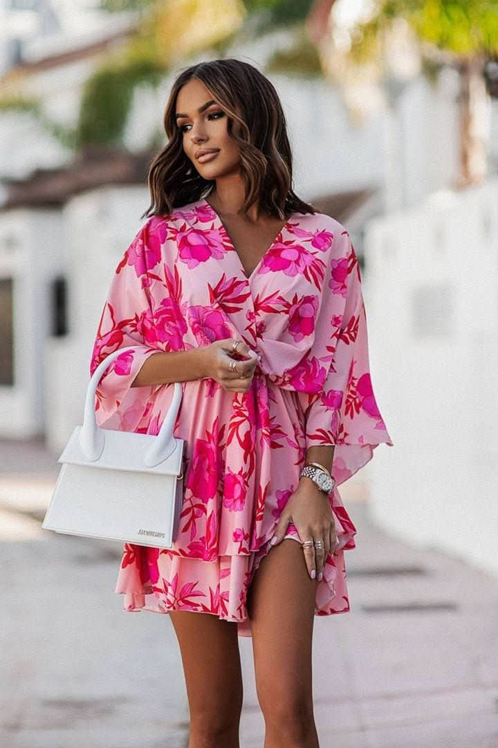 Mia | Women's Boho Tropical-Print Mini Cocktail Dress Tiered Skirt 6