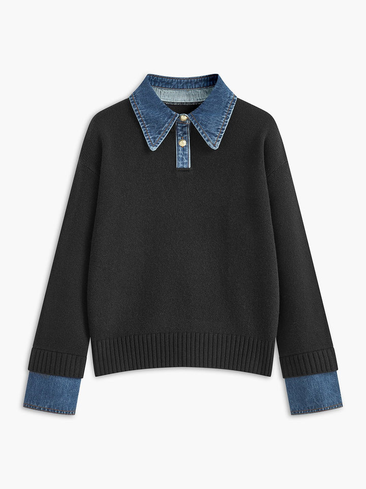 Mia | Women's Denim-Collar Knit Polo Sweater 5