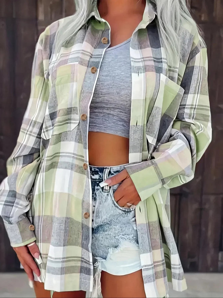 Mia | Women's Oversized Plaid Flannel Open-Front Cardigan Shirt 11