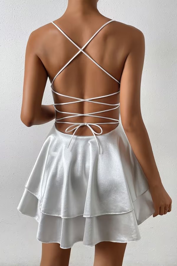 Mia | Women's Satin Open-Back Mini Cocktail Dress V-Neck Pleated Skater 1