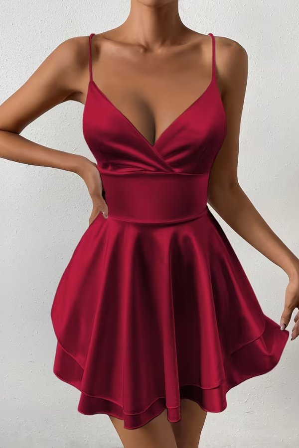 Mia | Women's Satin Open-Back Mini Cocktail Dress V-Neck Pleated Skater 2