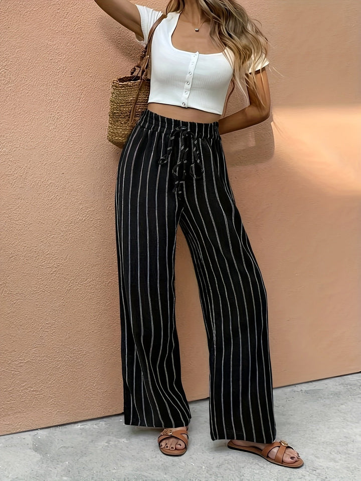 Mia | Women's Striped High-Waist Drawstring Wide Leg Pants 2