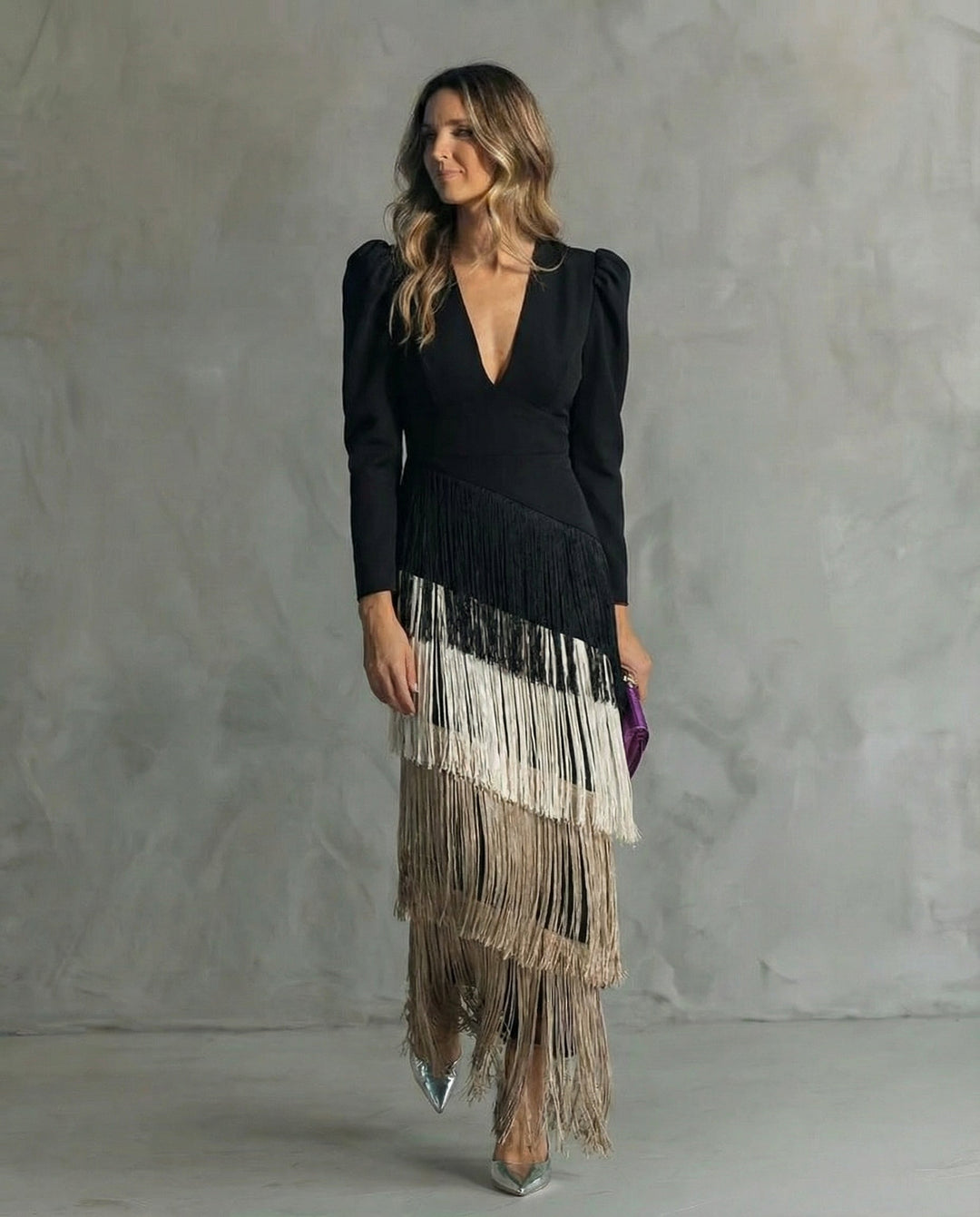 Mira | Elegant Long Sleeve Maxi Dress for Women – V-Neck with Fringes 3