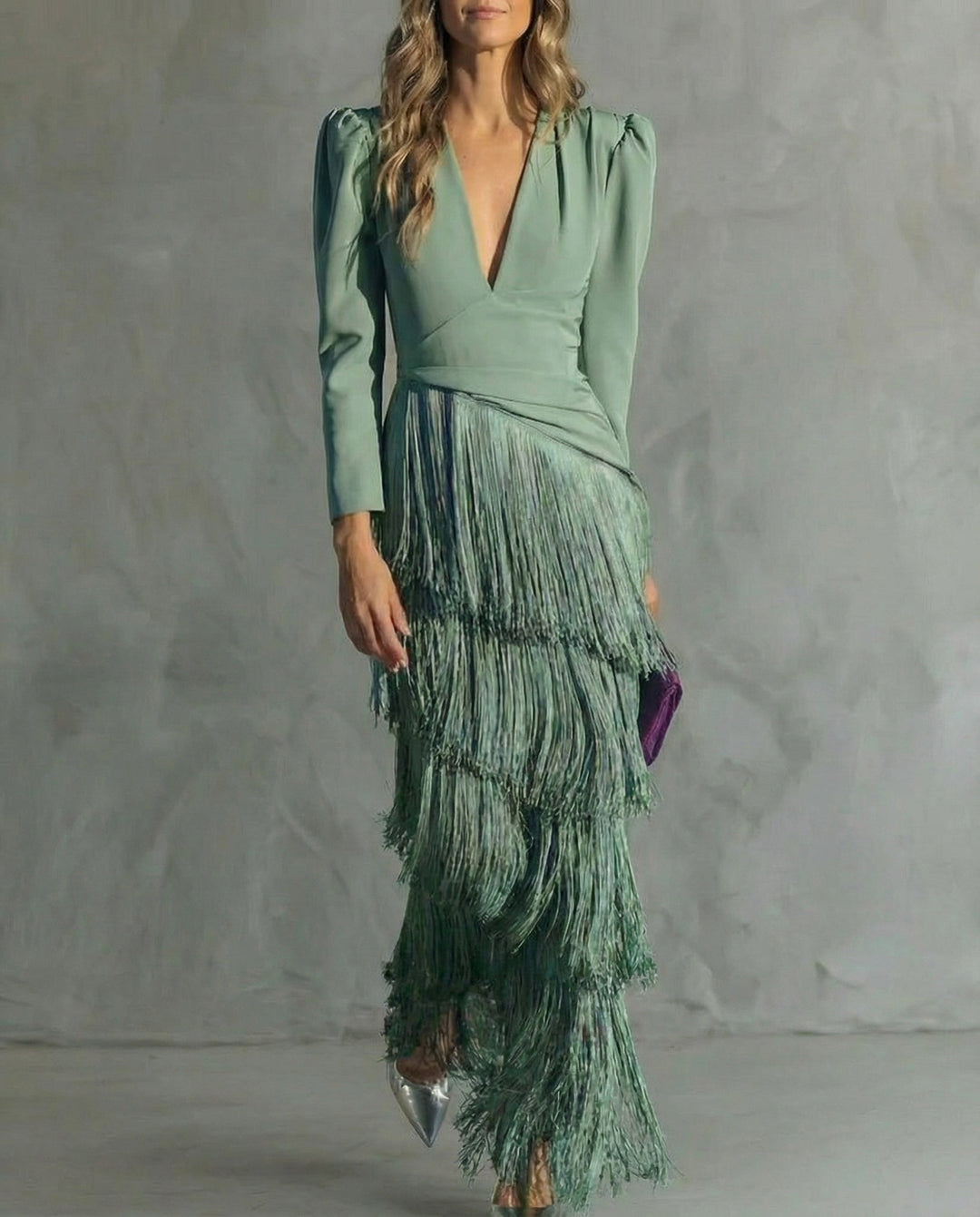 Mira | Elegant Long Sleeve Maxi Dress for Women – V-Neck with Fringes 4