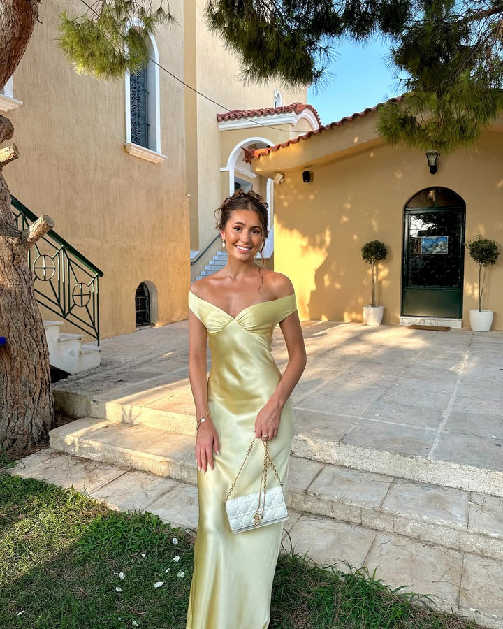 Mira | Satin Dress Wedding Guest Off-Shoulder Elegant Fit 2