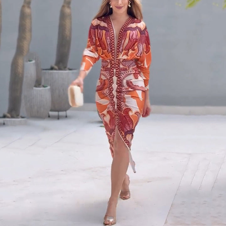 Narcissa | Elegant Geometric Print Women's Bodycon Midi Dress in Warm Orange & Burgundy 1