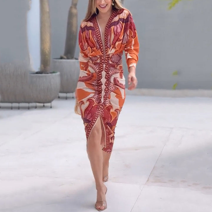 Narcissa | Elegant Geometric Print Women's Bodycon Midi Dress in Warm Orange & Burgundy 2
