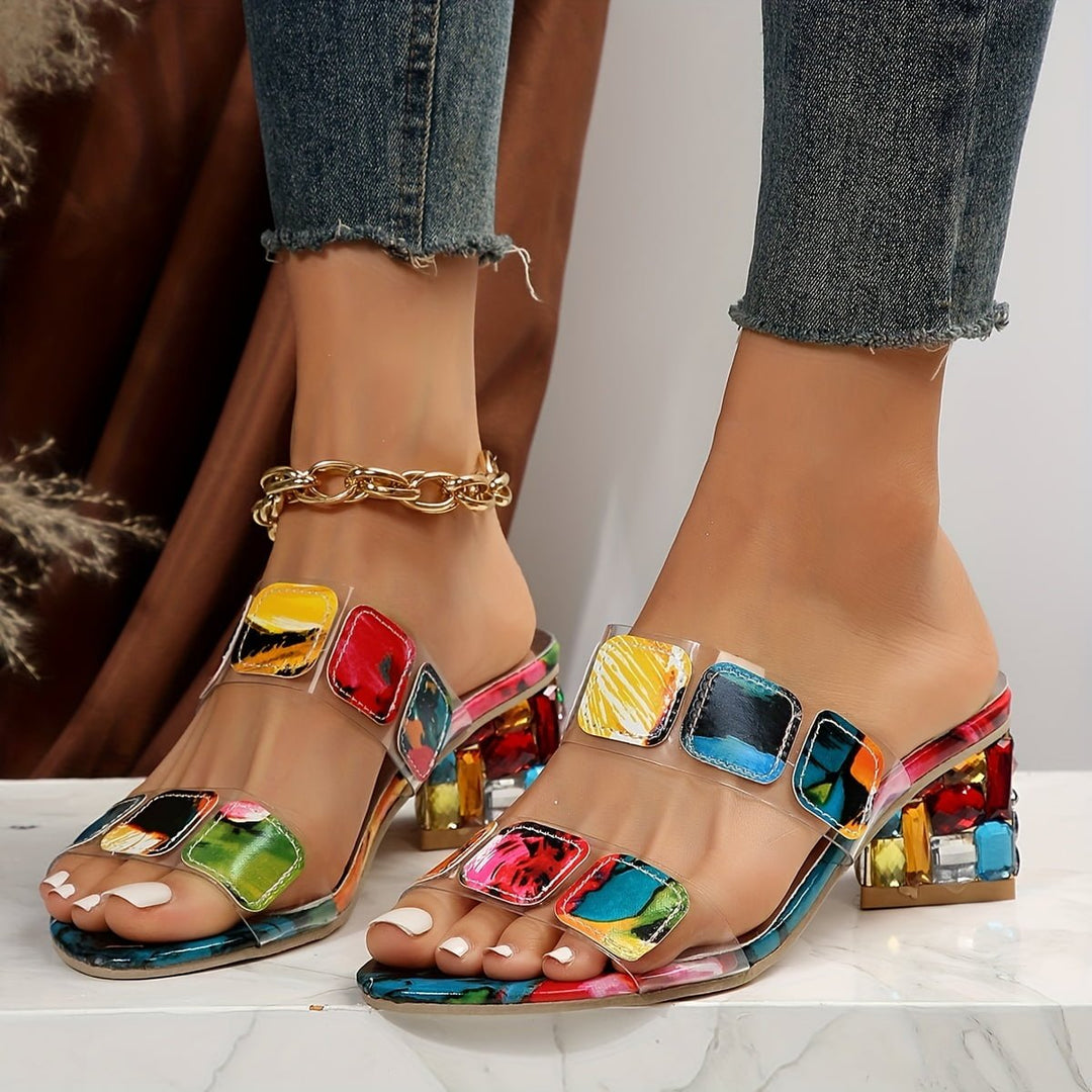 Olivia | Colorful Multi-Strap Gemstone Block Heel Slide Sandals 0