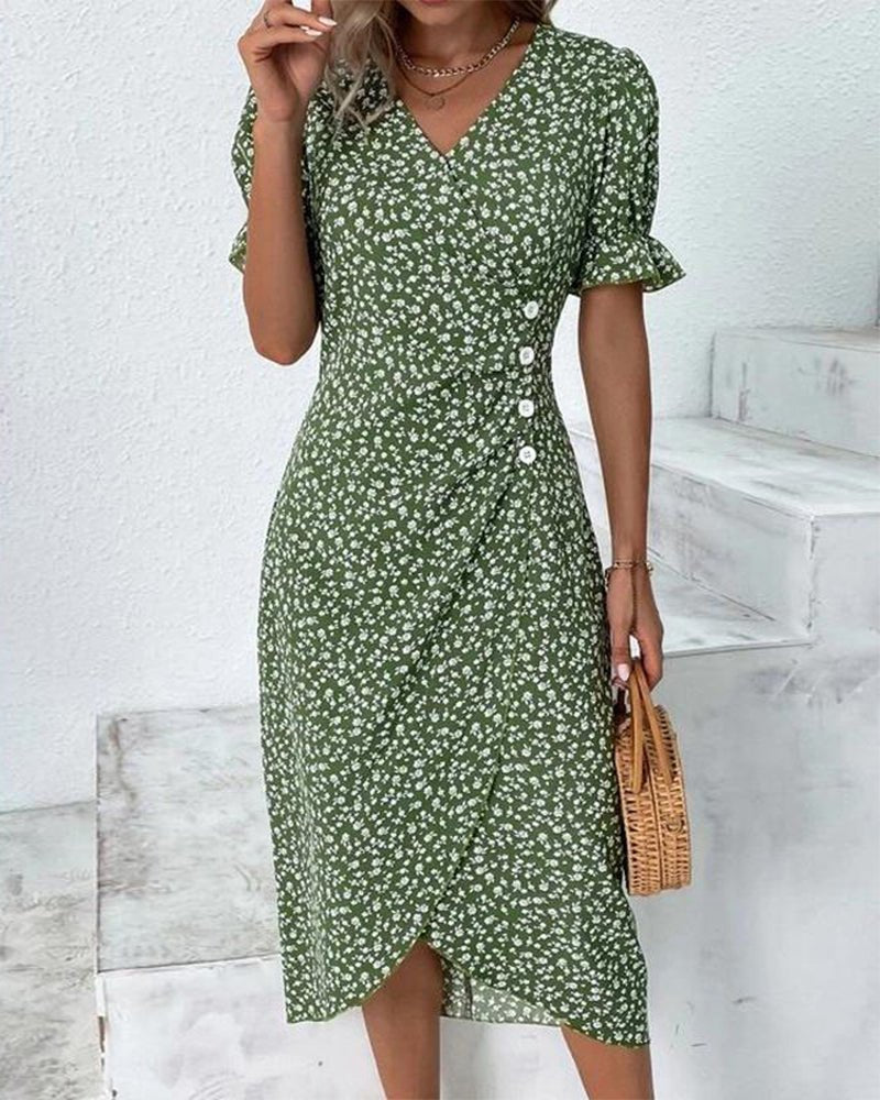 Olivia | Elegant Floral Print Plus Size Midi Wrap Dress for Wedding Guests 0