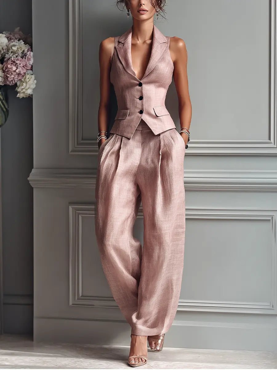 Olivia | Women's Pleated Wide Leg Pants Lapel Vest Linen Two-Piece Set 0