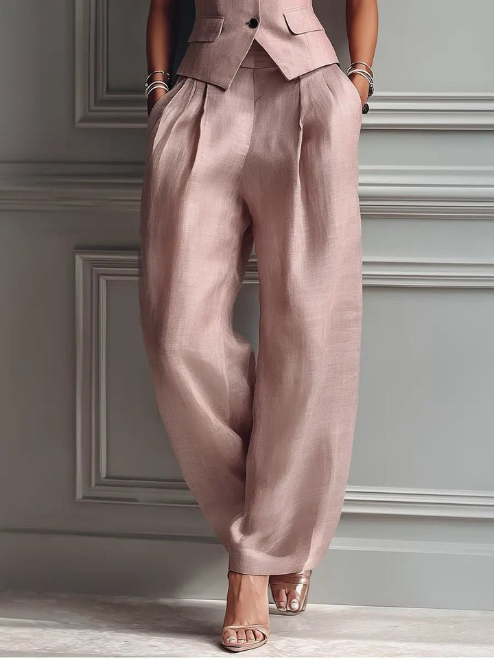 Olivia | Women's Pleated Wide Leg Pants Lapel Vest Linen Two-Piece Set 2