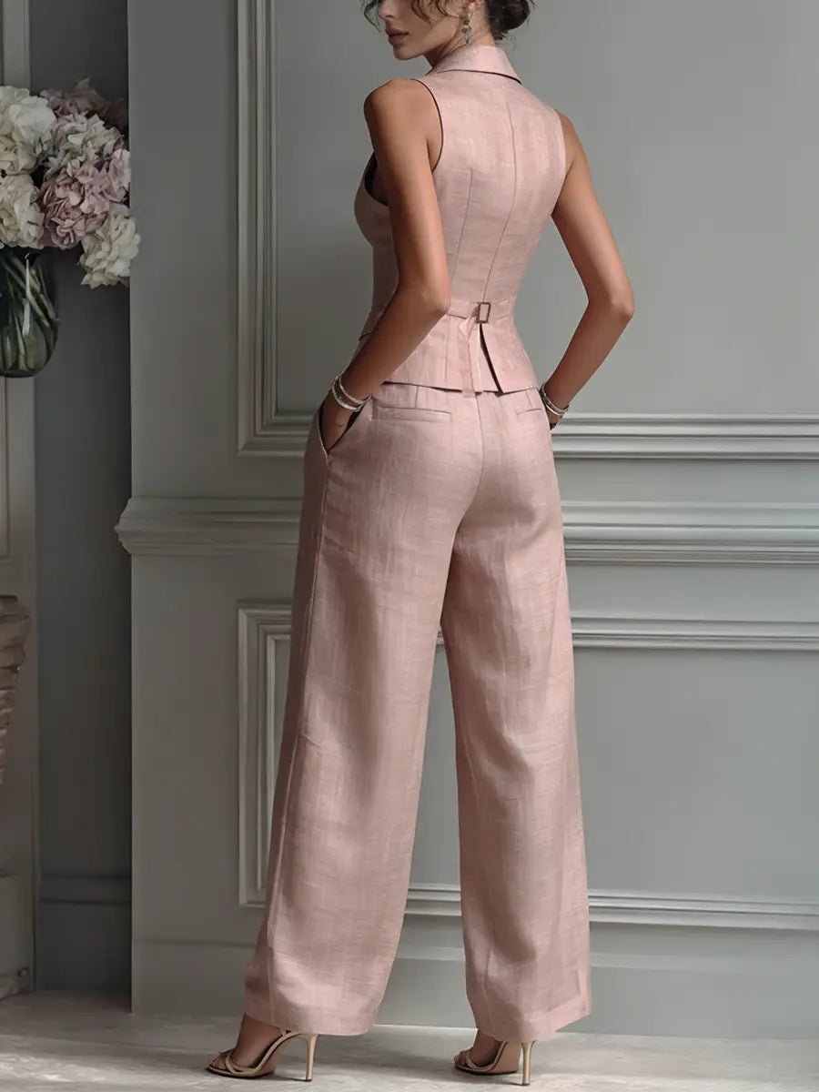 Olivia | Women's Pleated Wide Leg Pants Lapel Vest Linen Two-Piece Set 3