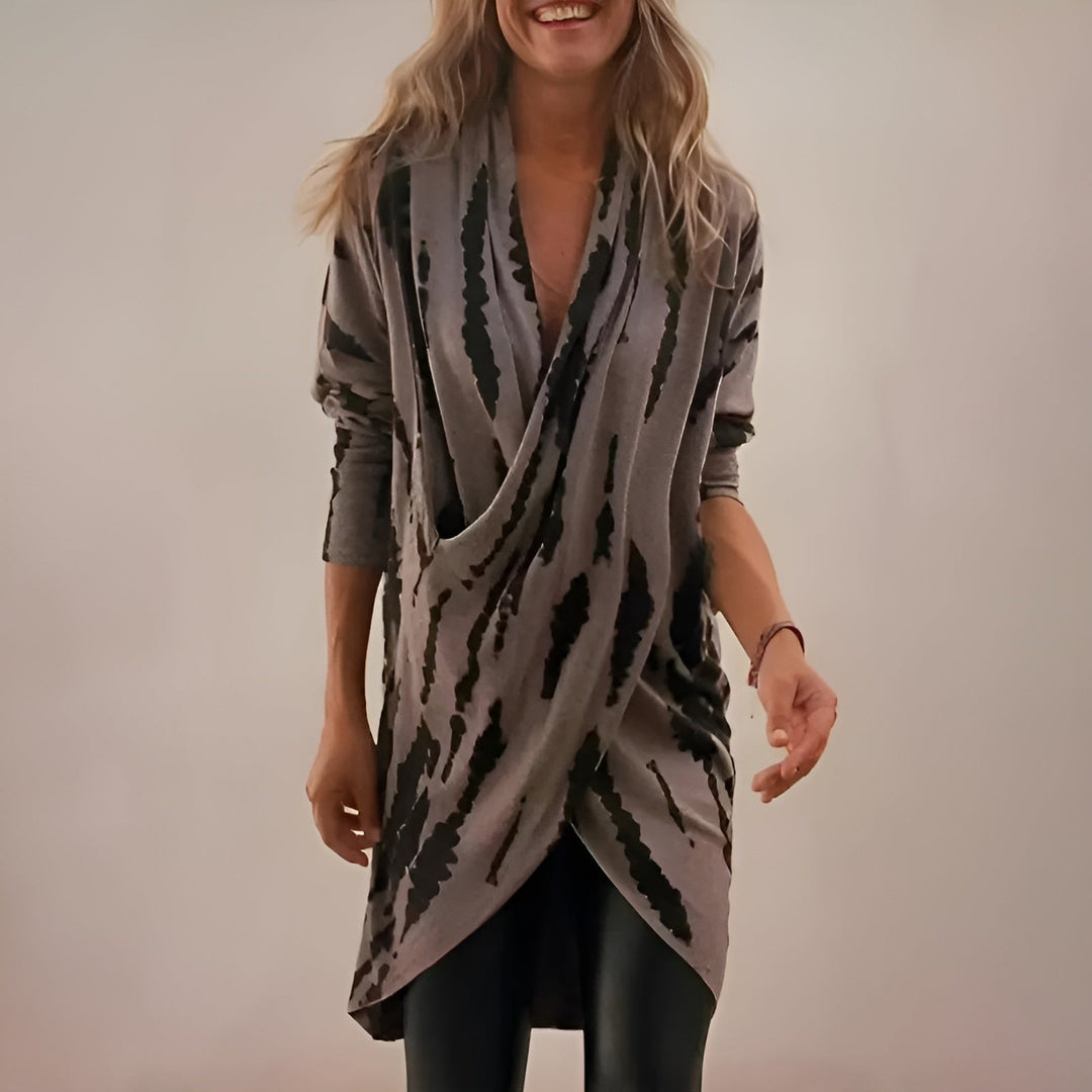 Olivia | Women's Relaxed V-Neck Abstract Print Draped Tunic 0