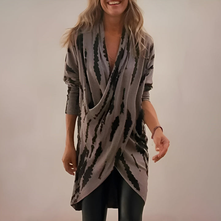 Olivia | Women's Relaxed V-Neck Abstract Print Draped Tunic 0