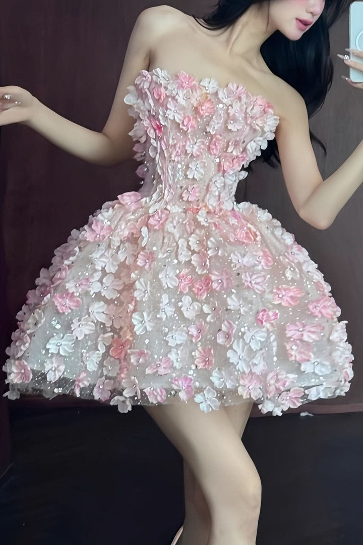Olivia | Women's Strapless 3D Floral Embellished Mini Cocktail Dress 0