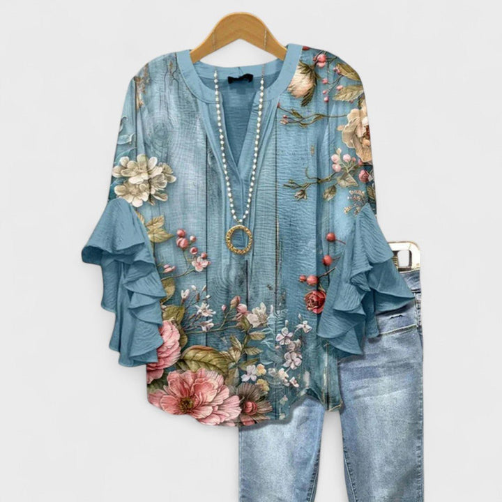 Pavina | Elegant Floral Print V-Neck Blouse – Ruffle Sleeves & Plus Size Tops for Women 0