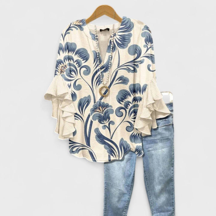 Pavina | Elegant Floral Print V-Neck Blouse – Ruffle Sleeves & Plus Size Tops for Women 1
