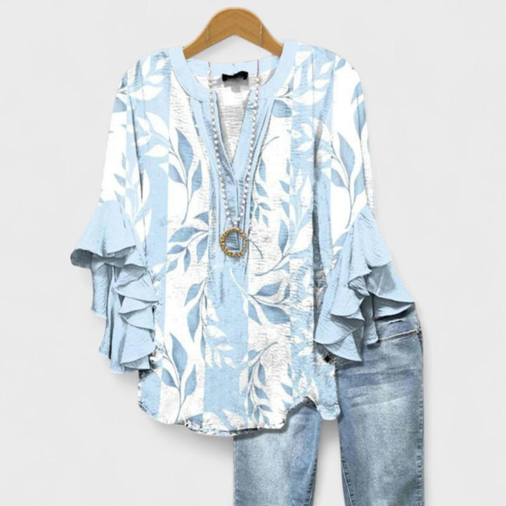 Pavina | Elegant Floral Print V-Neck Blouse – Ruffle Sleeves & Plus Size Tops for Women 2
