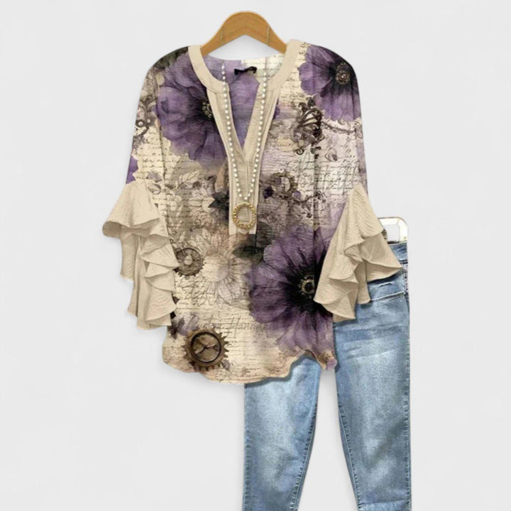Pavina | Elegant Floral Print V-Neck Blouse – Ruffle Sleeves & Plus Size Tops for Women 6