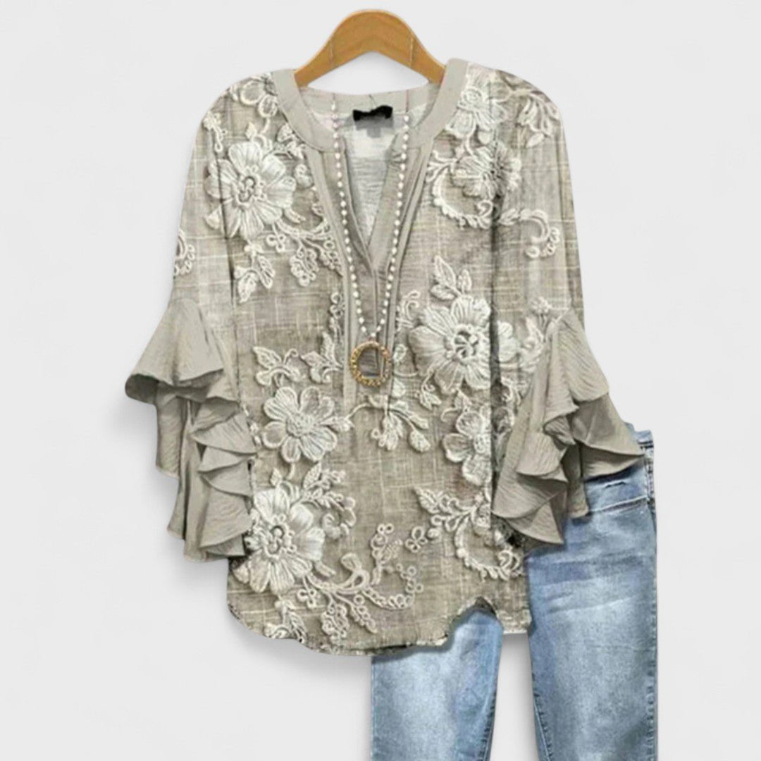 Pavina | Elegant Floral Print V-Neck Blouse – Ruffle Sleeves & Plus Size Tops for Women 7