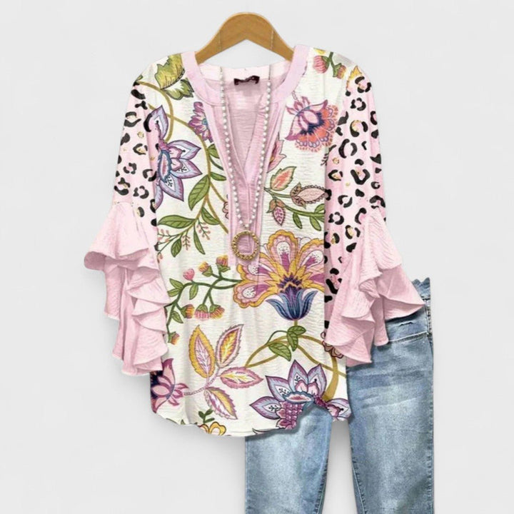 Pavina | Elegant Floral Print V-Neck Blouse – Ruffle Sleeves & Plus Size Tops for Women 8