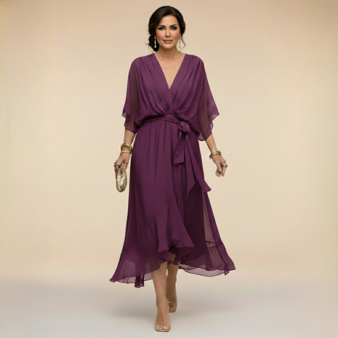 Penelope | Flattering V-Neck Wrap Midi Dress – Elegant Women's Dress for Wedding Guests & Summer Events 10