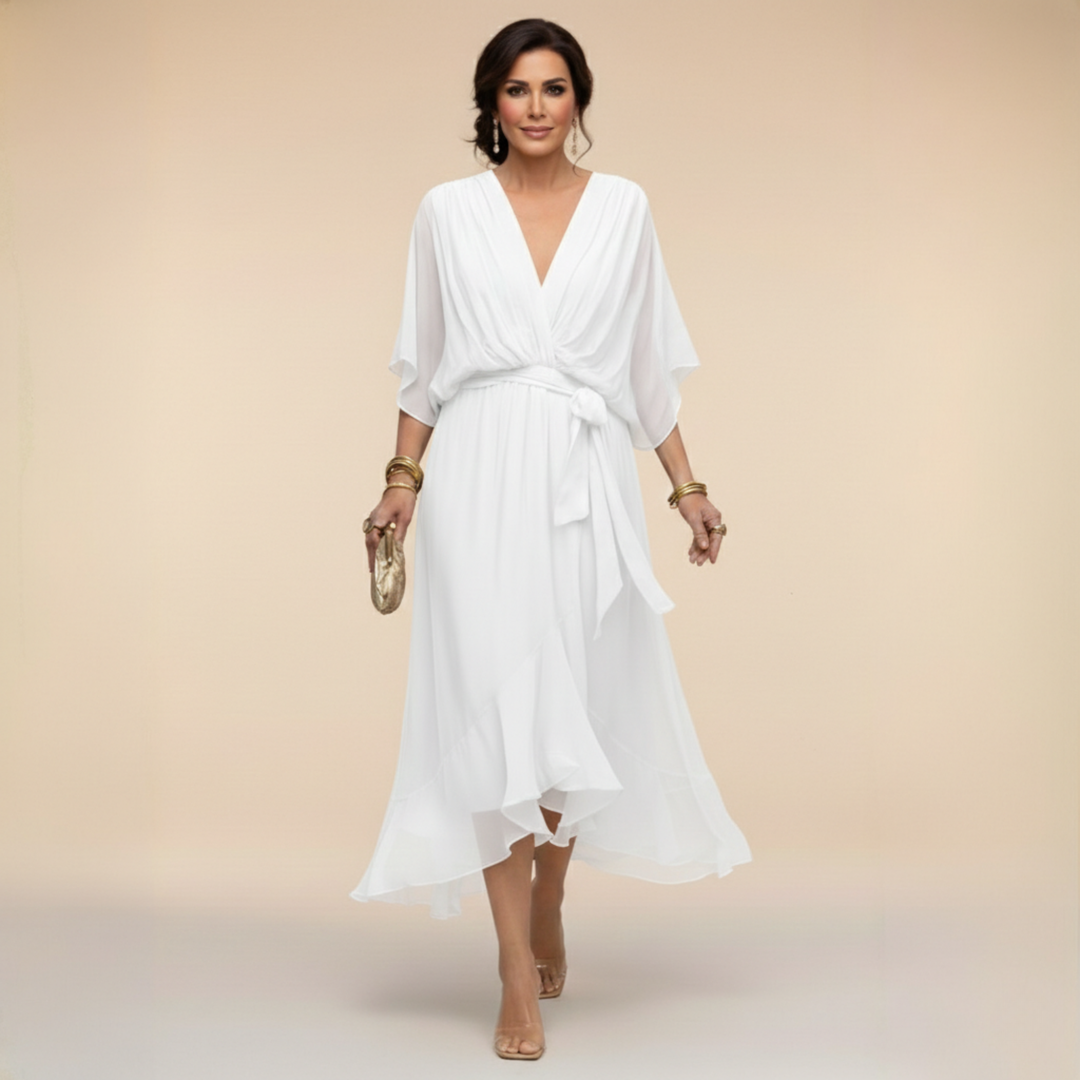 Penelope | Flattering V-Neck Wrap Midi Dress – Elegant Women's Dress for Wedding Guests & Summer Events 11