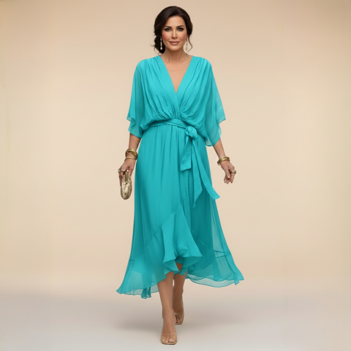 Penelope | Flattering V-Neck Wrap Midi Dress – Elegant Women's Dress for Wedding Guests & Summer Events 7