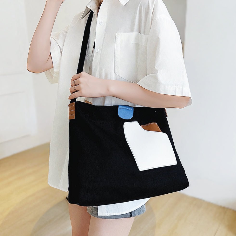 Penelope | Women's Color Block Canvas Tote Bag PU Leather Pocket Shoulder Bag 6