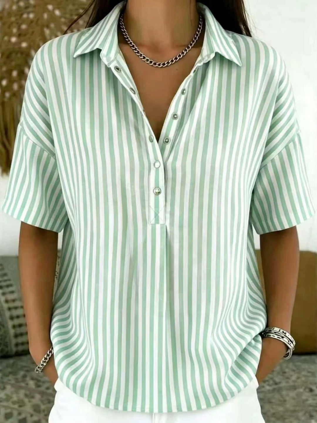Penelope | Women's Relaxed-Fit Striped Collared Half-Button Blouse 0