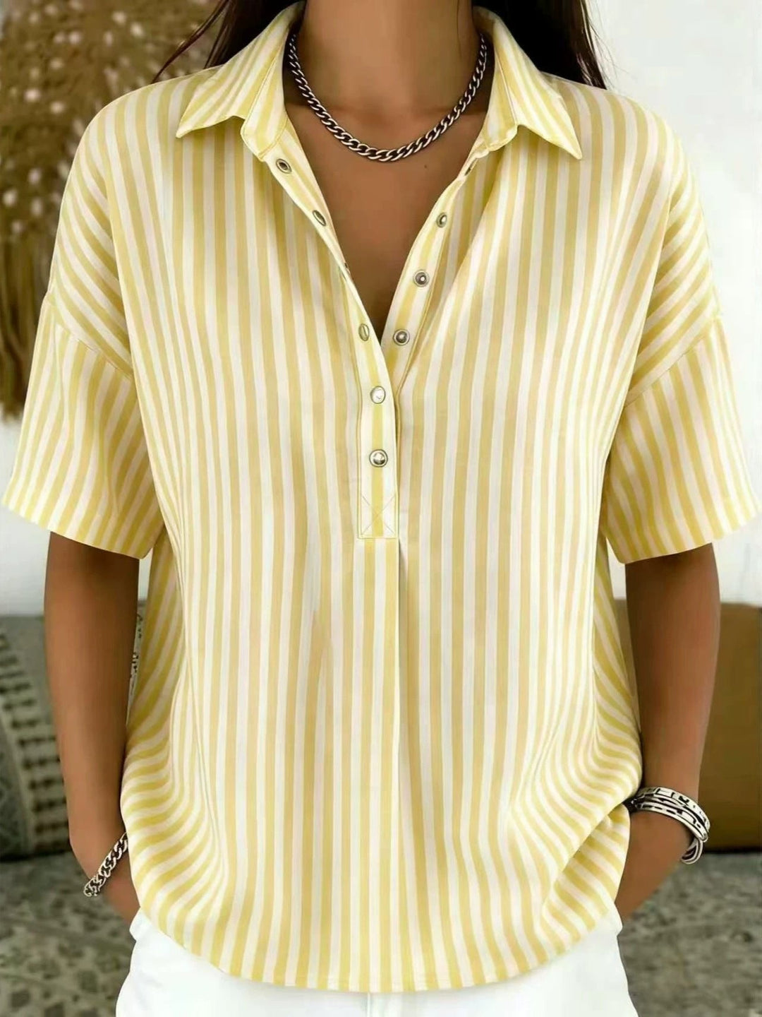 Penelope | Women's Relaxed-Fit Striped Collared Half-Button Blouse 2