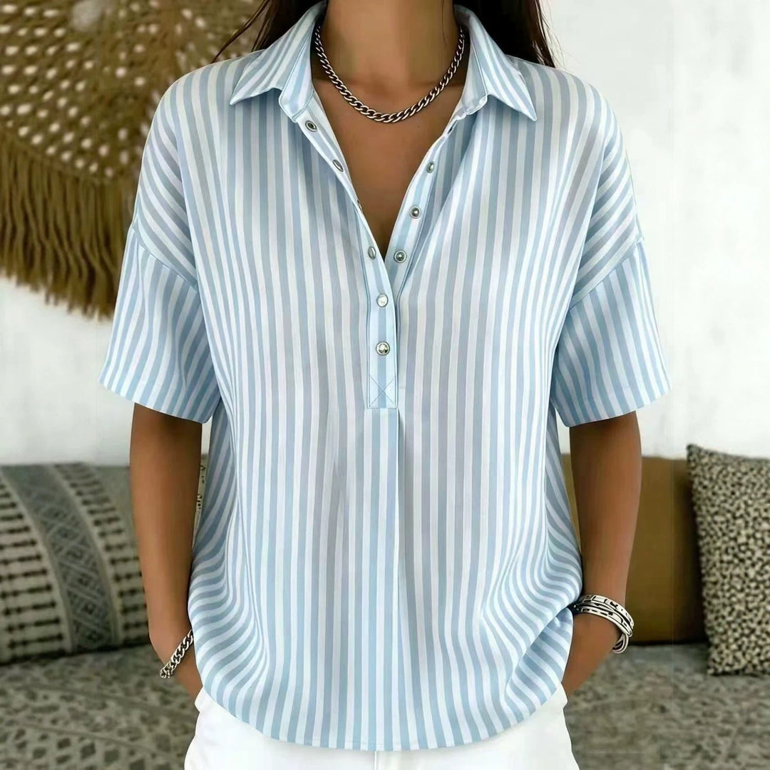 Penelope | Women's Relaxed-Fit Striped Collared Half-Button Blouse 6