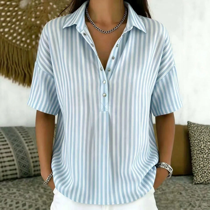 Penelope | Women's Relaxed-Fit Striped Collared Half-Button Blouse 6
