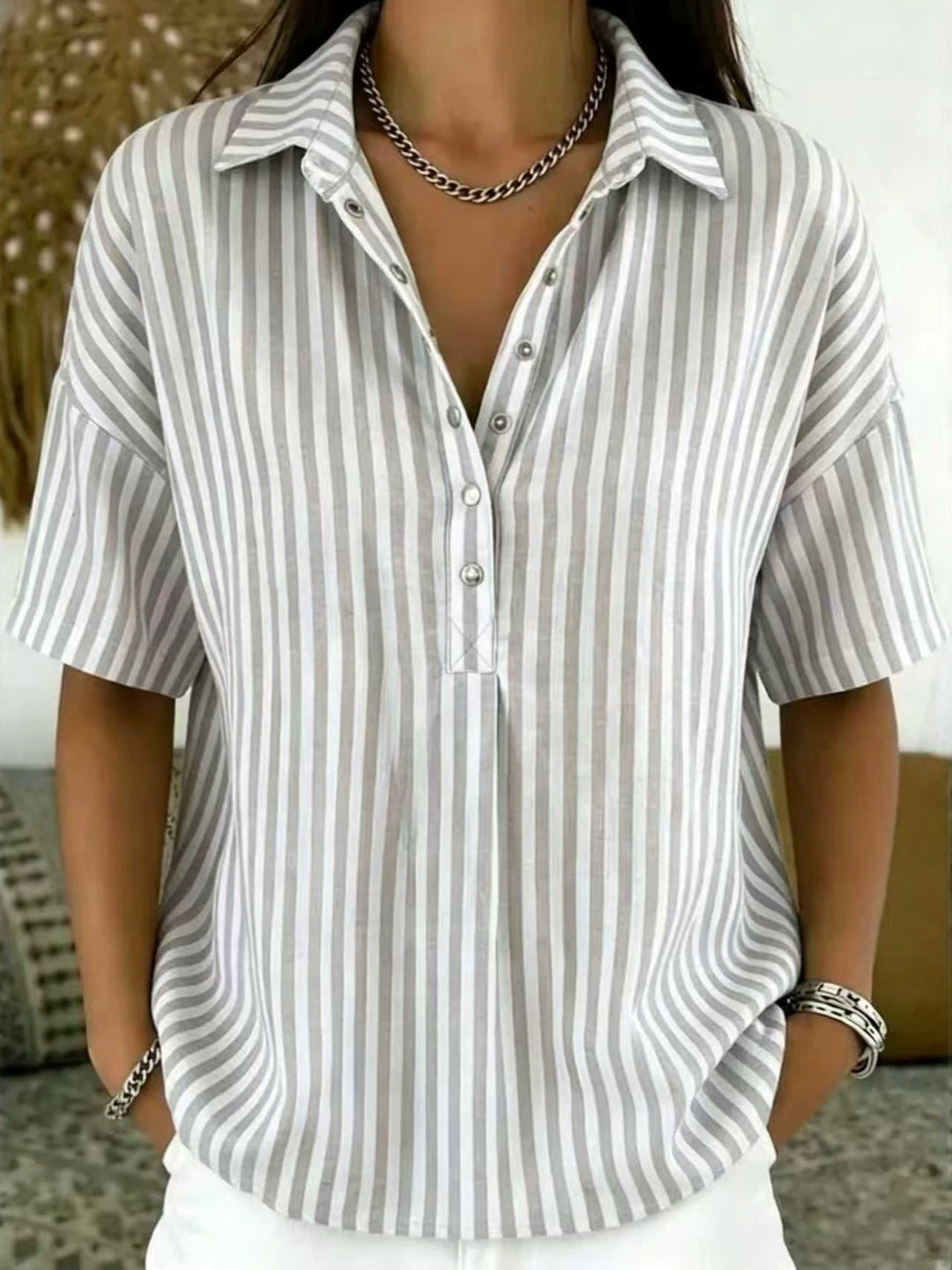 Penelope | Women's Relaxed-Fit Striped Collared Half-Button Blouse 7