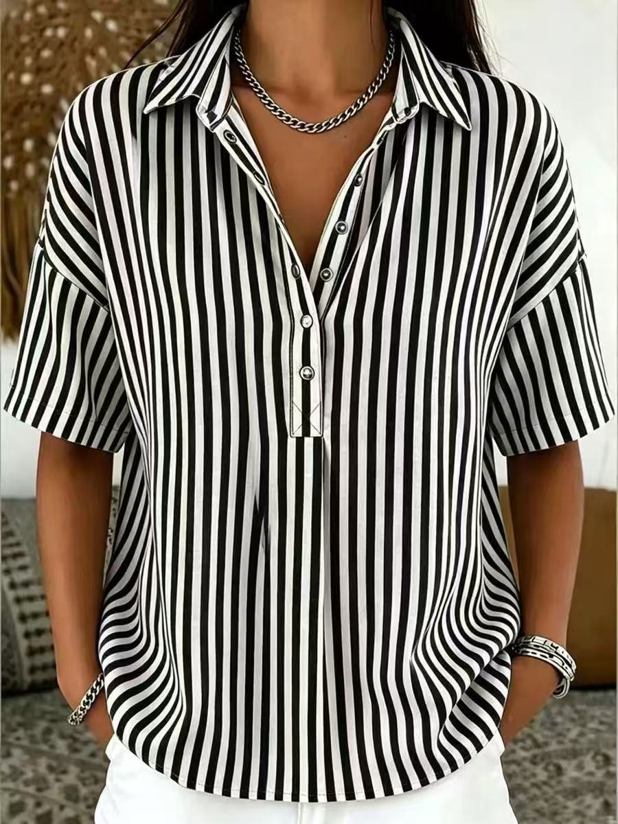 Penelope | Women's Relaxed-Fit Striped Collared Half-Button Blouse 8