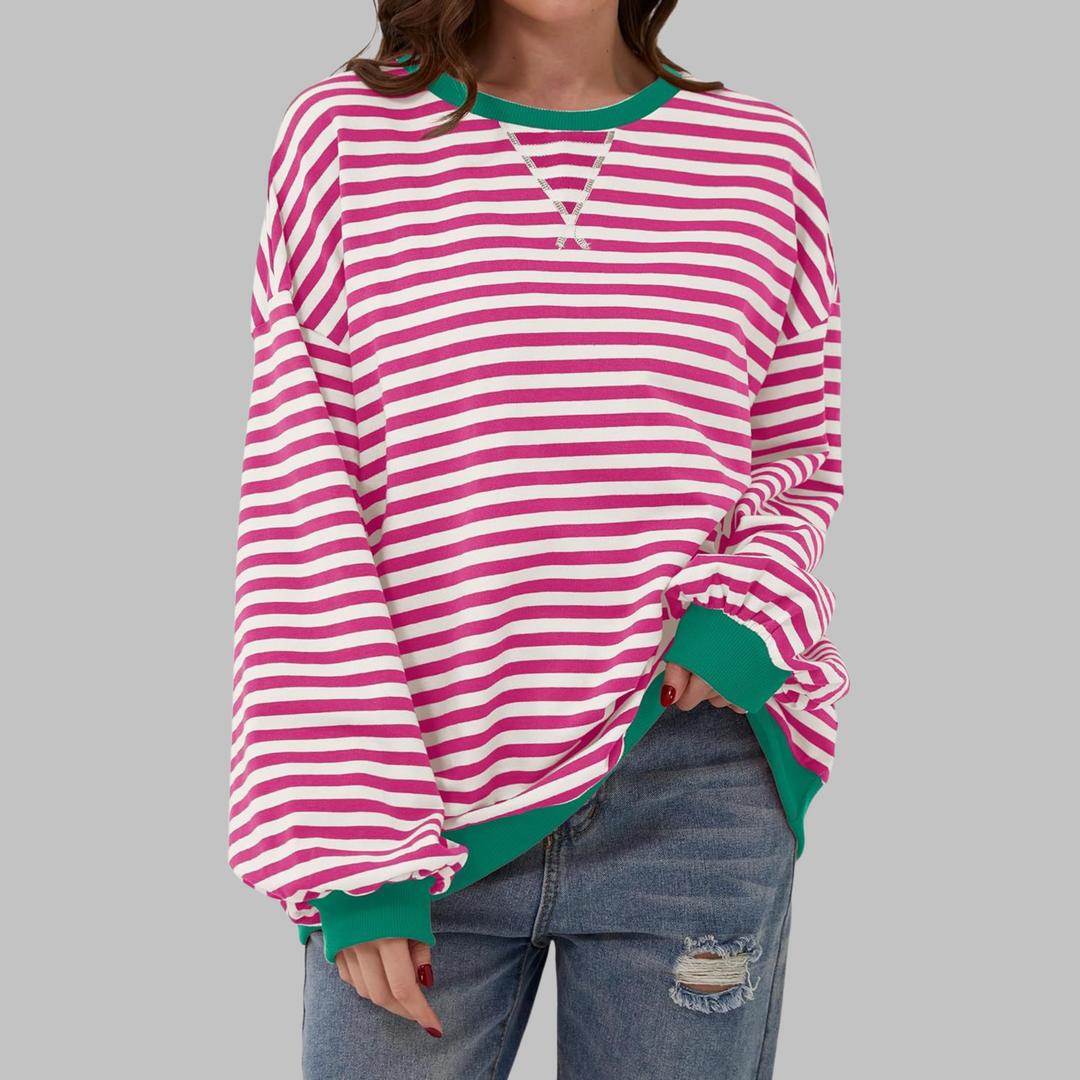 Poppy | Bold Striped Oversized Sweatshirt for Women - Pink & White Casual Crewneck 11