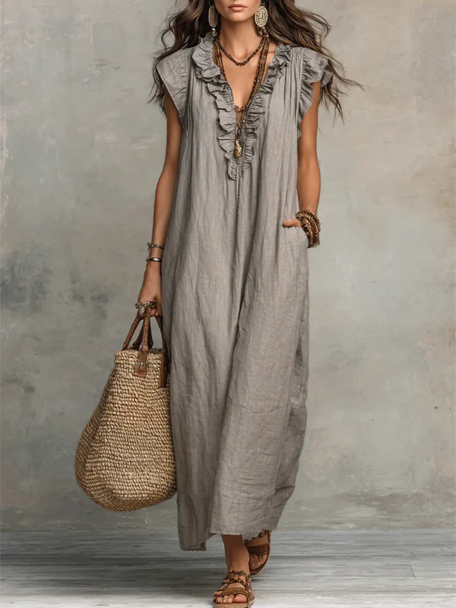 Priscilla | Elegant Ruffle Detail Women’s V-Neck Maxi Dress for Summer & Formal Occasions 0
