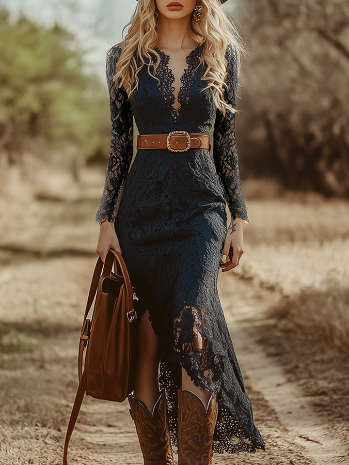 Ravina | Elegant Long Sleeve V Neck Lace Midi Dress – Perfect Women’s Wedding Guest Dress 0