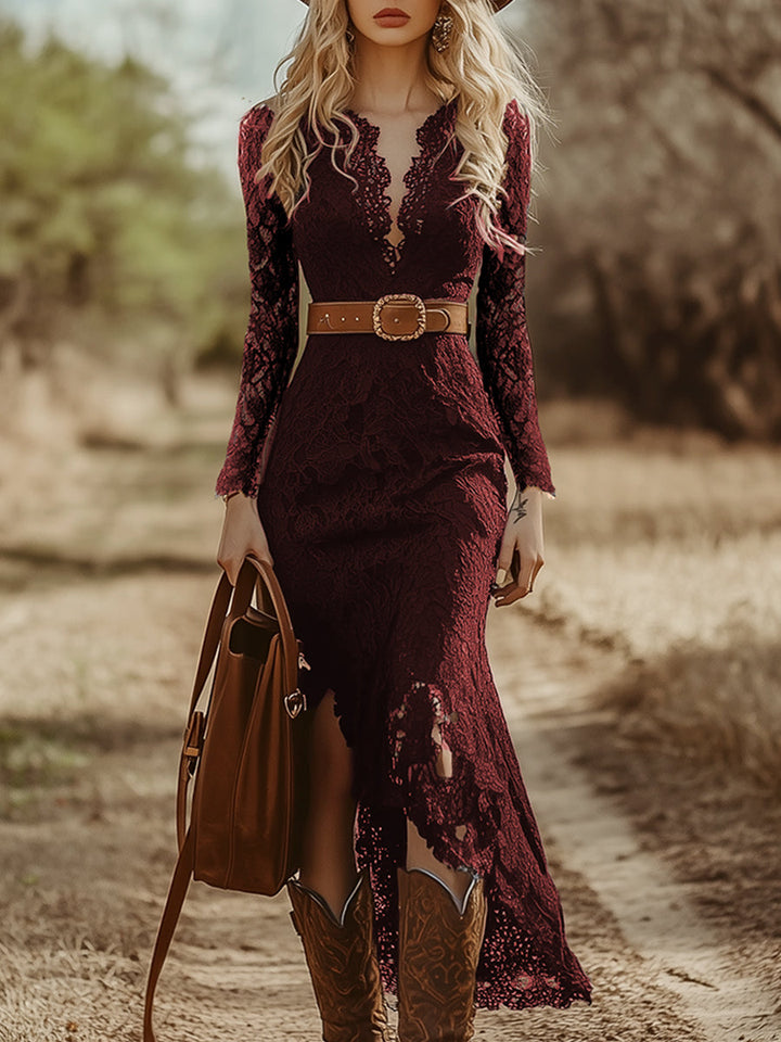 Ravina | Elegant Long Sleeve V Neck Lace Midi Dress – Perfect Women’s Wedding Guest Dress 1