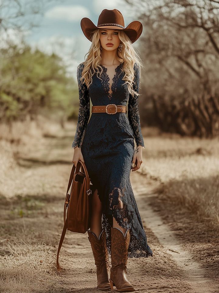 Ravina | Elegant Long Sleeve V Neck Lace Midi Dress – Perfect Women’s Wedding Guest Dress 6