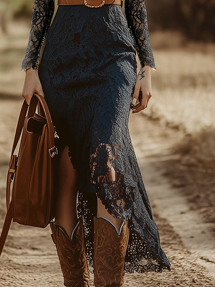 Ravina | Elegant Long Sleeve V Neck Lace Midi Dress – Perfect Women’s Wedding Guest Dress 8
