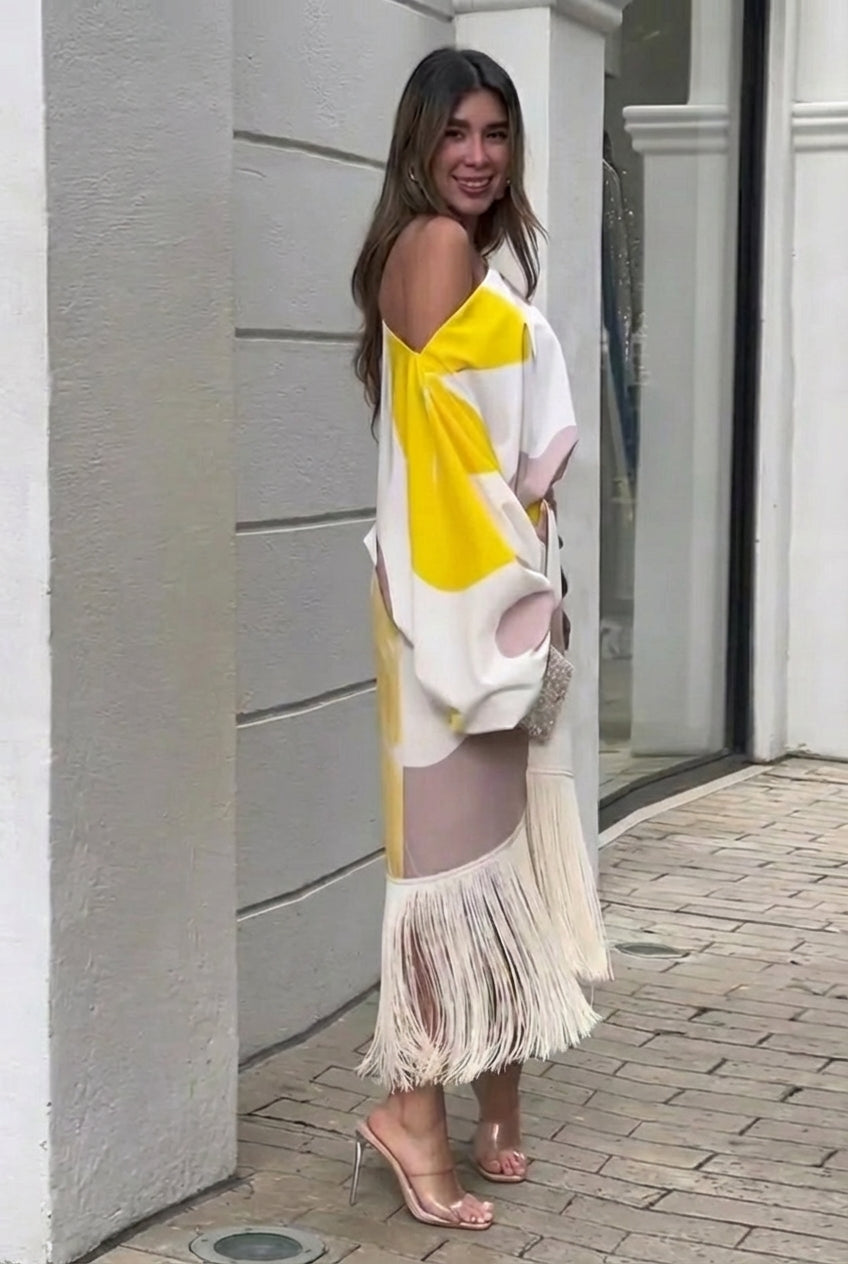 Rhiannon | Elegant One Shoulder Fringe Midi Dress for Special Occasions 2