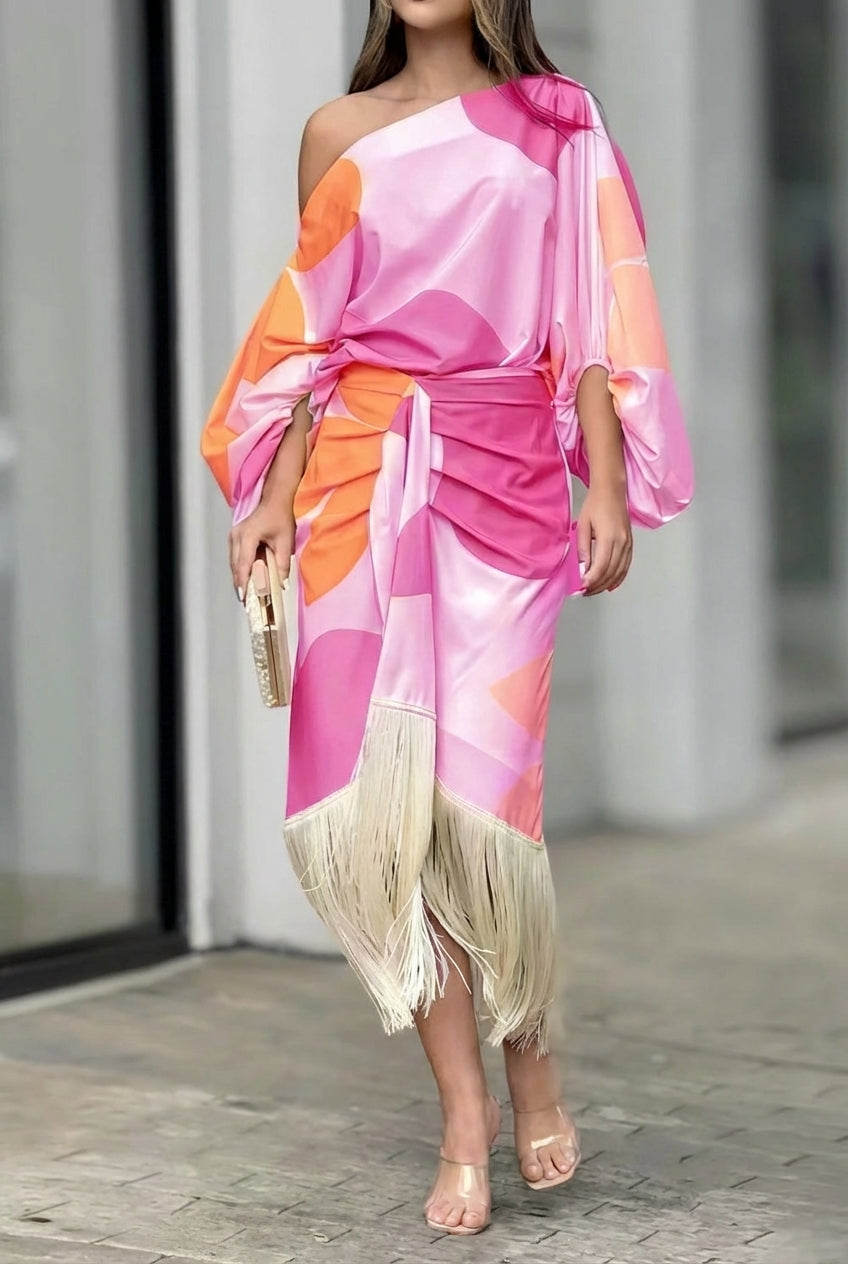 Rhiannon | Elegant One Shoulder Fringe Midi Dress for Special Occasions 4