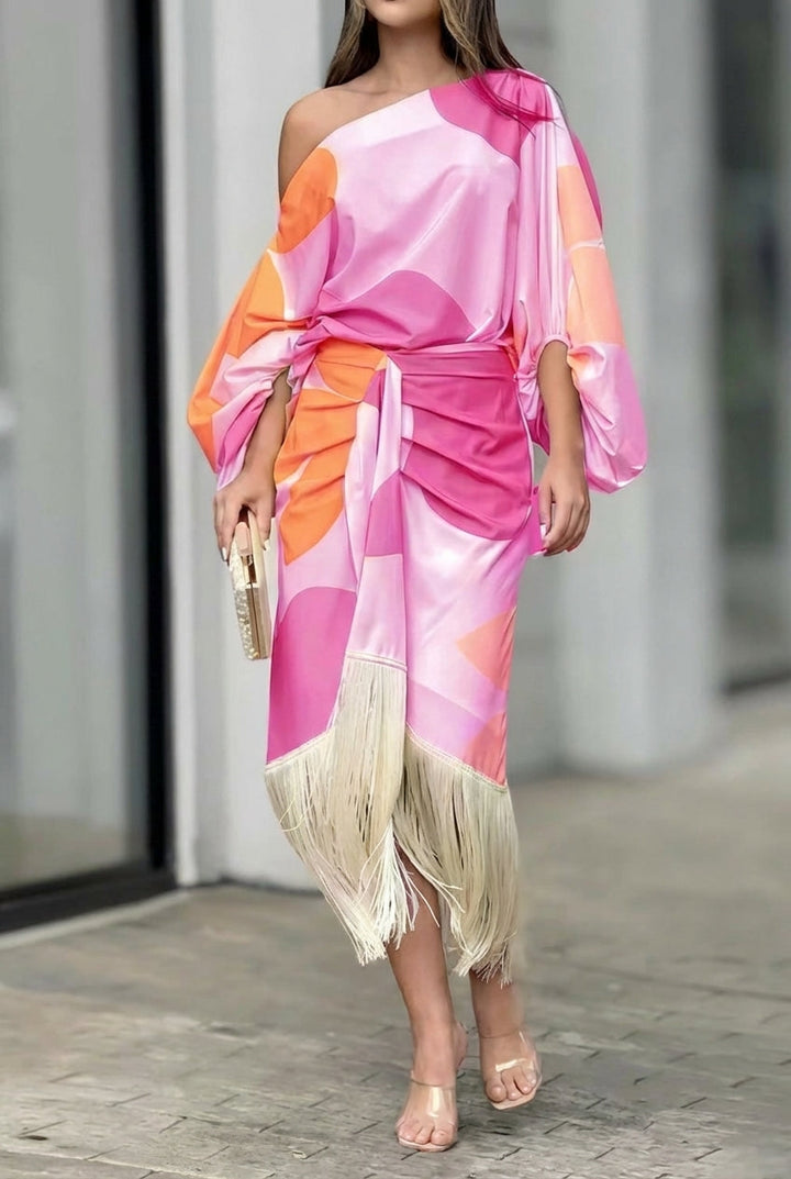 Rhiannon | Elegant One Shoulder Fringe Midi Dress for Special Occasions 4