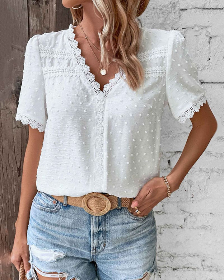 Romy | Elegant V-Neck Short Sleeve Blouse – Soft &amp; Breathable 1