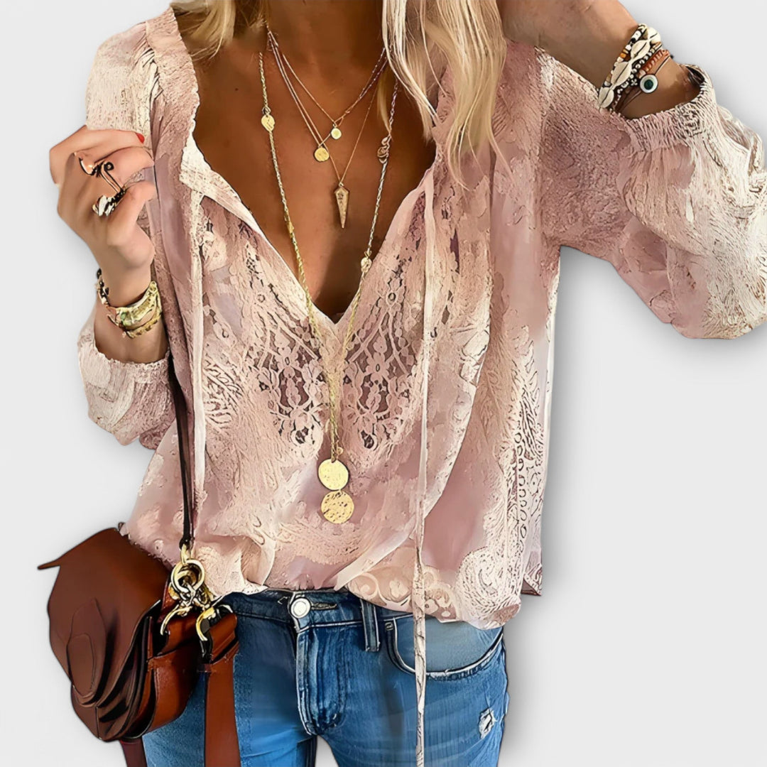 Rosalynn | Elegant Long Sleeve V-Neck Women's Blouse with Intricate Lace Detail 3